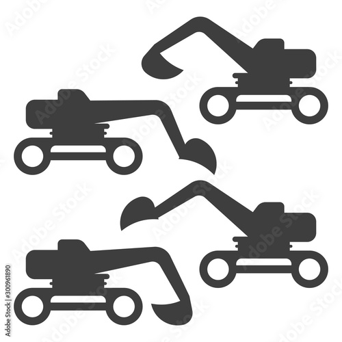Icon wheeled excavator. Set of four variants of the bucket position. Vector on a white background