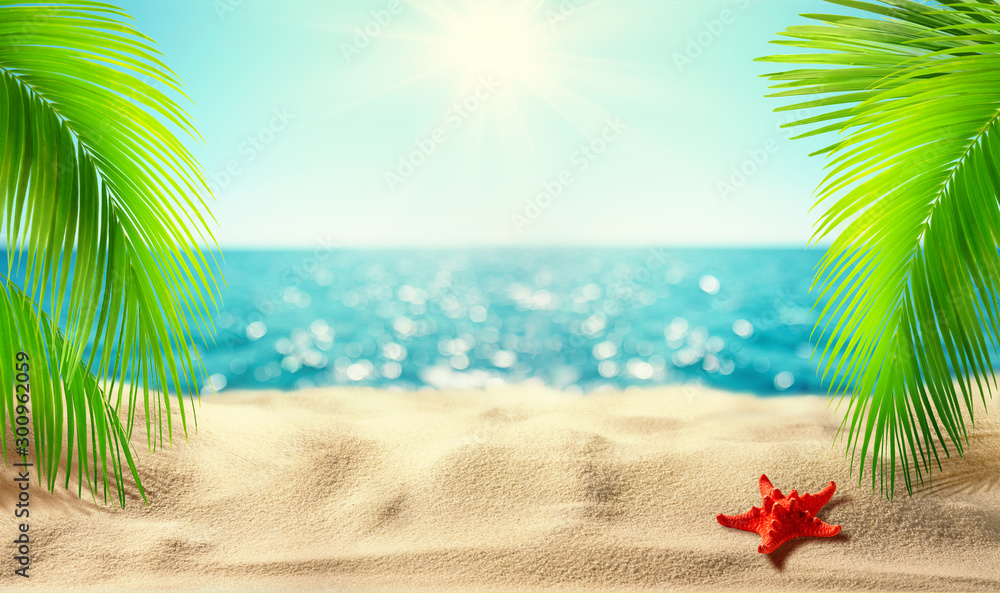 Beautiful tropical beach banner. Mockup of summer landscape with coco palms on blur defocused blue sea or ocean background. Summer vacation concept