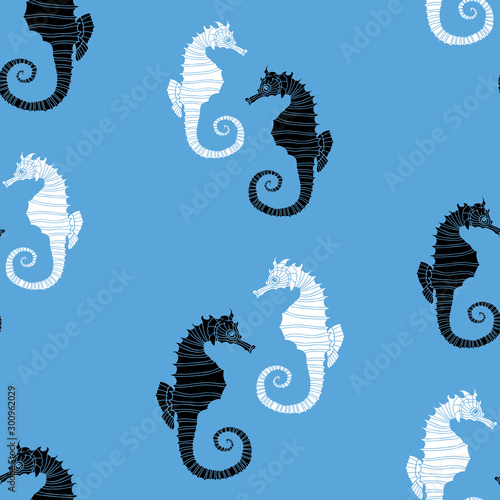 Seamless pattern of black and white decorative sea horses