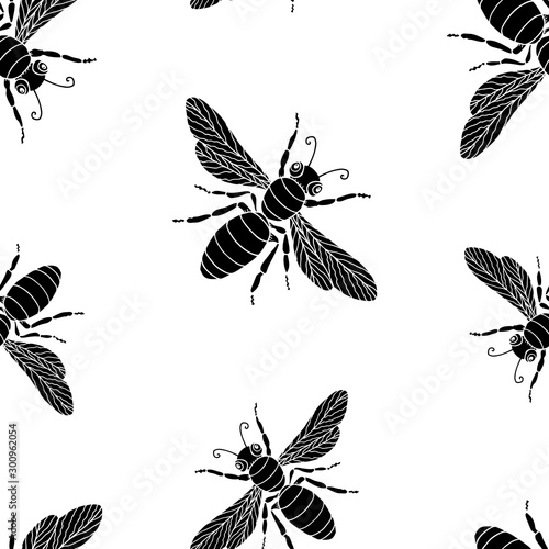 Seamless pattern of decorative black flies silhouettes