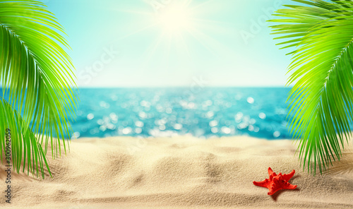 Fototapeta Naklejka Na Ścianę i Meble -  Beautiful tropical beach banner. Mockup of summer landscape with coco palms on blur defocused blue sea or ocean background. Summer vacation concept