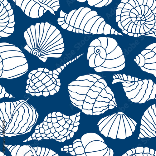 Seamless pattern of various seashells silhouettes