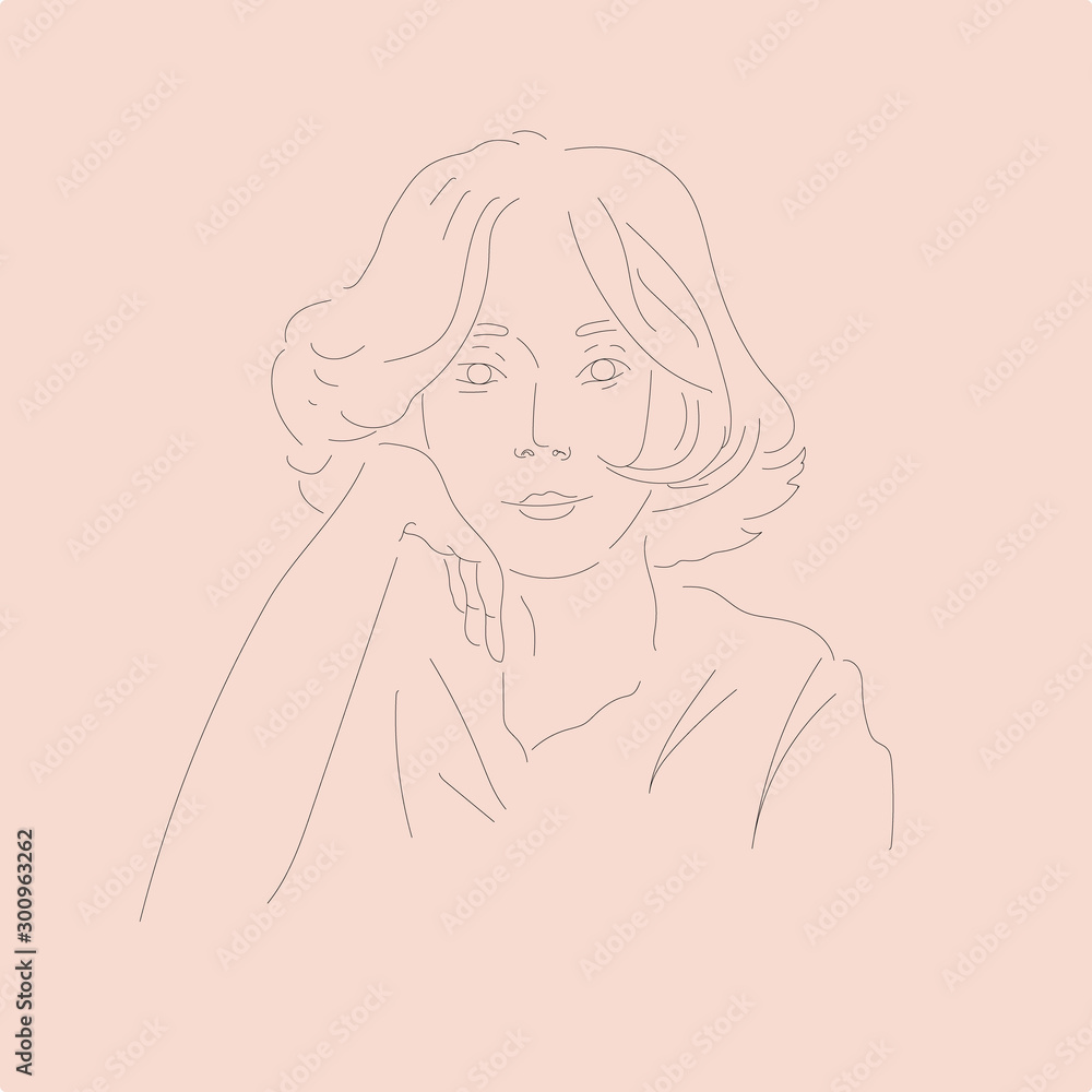 Vector linear illustration of young girl props her face with her hand on soft pink background. Vector linear illustration of young girl props her face with her hand on soft pink background.