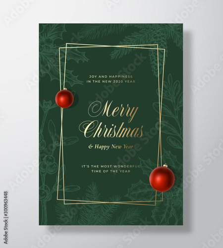 Christmas Abstract Vector Greeting Card or Holiday Poster. Classy Green and Gold Colors and Typography. Realistic Toy Balls and Sketch Pine Twigs, Strobile, Holly and Mistletoe Background.