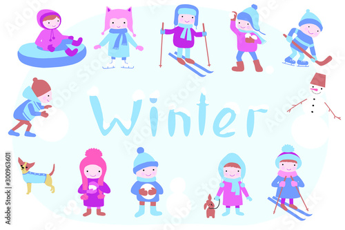 In winter  children spend time outdoors. Christmas season. Cold season  skating  skiing  making a snowman  playing hockey. Vector illustration