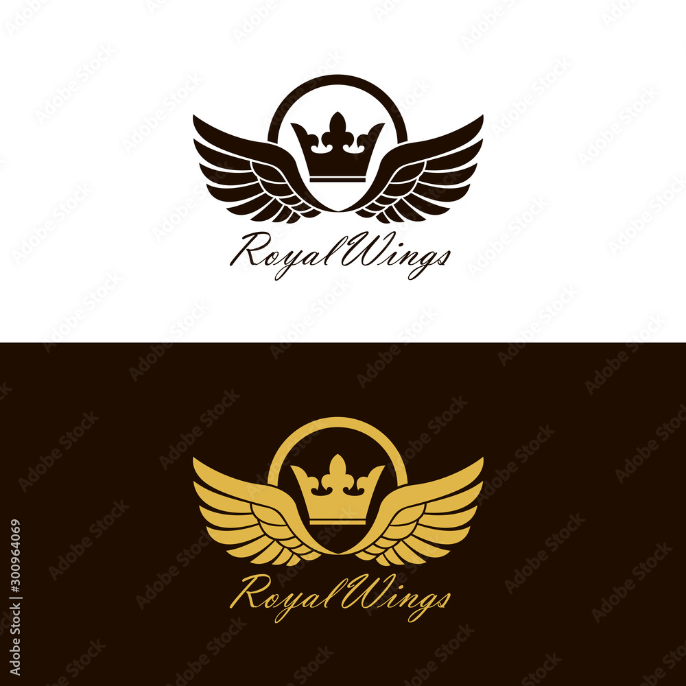 set of flying winged crown emblem isolated on white and black background set of flying winged crown emblem isolated on white and black background