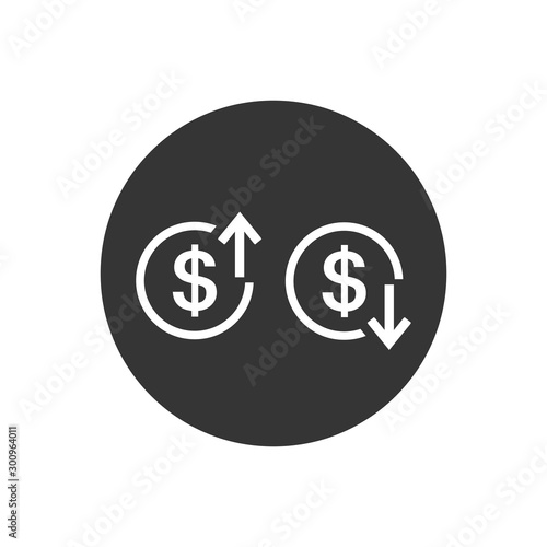 Up and Down arrows with dollar sign in flat icon design on gray color background.