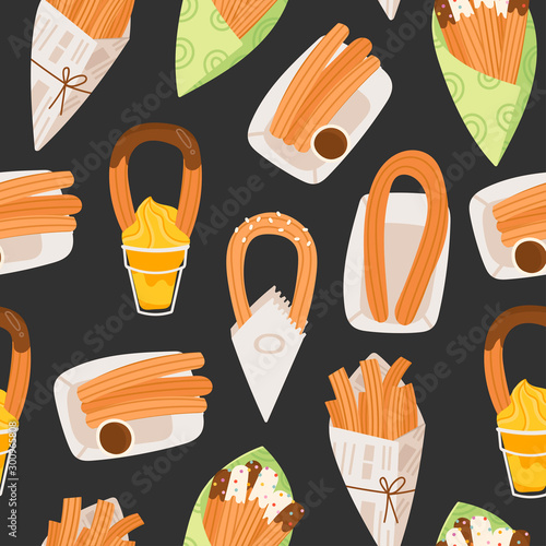 Various types of tasty churros. Traditional spanish food. Fried dough. Tejeringos. Hand drawn colored trendy vector illustration. Cartoon style. Flat design. Colorful Seamless pattern. Sweet and salty