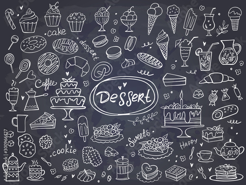 Set of hand drawn delicious sweets on chalkboard. Vector illustration. Cakes, biscuits, baking, cookie, pastries, donut, ice cream, macaroons. Perfect for dessert menu or food package design.