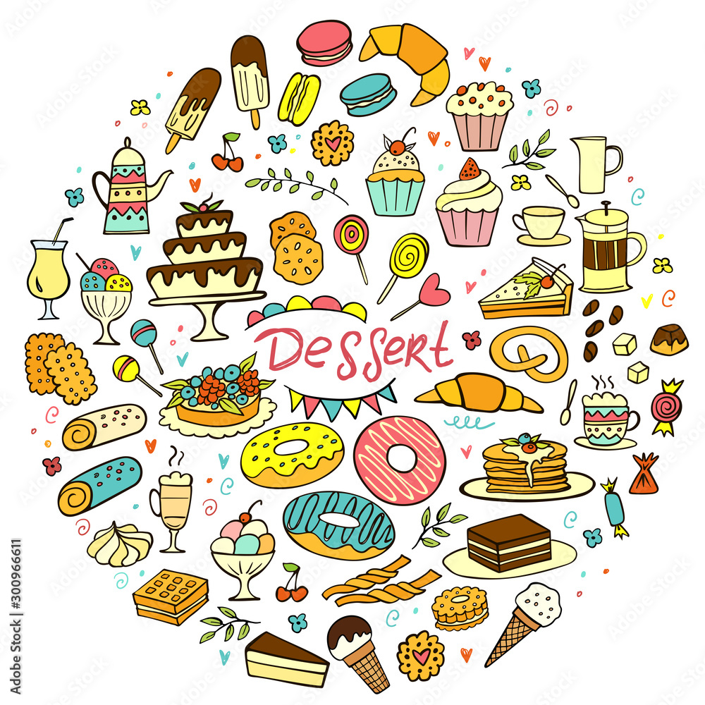 Set of colorful doodle sweets food on white background. Vector illustration. Cakes, biscuits, baking, cookie, donut, ice cream, macaroons, coffee. Perfect for dessert menu or design. Round composition