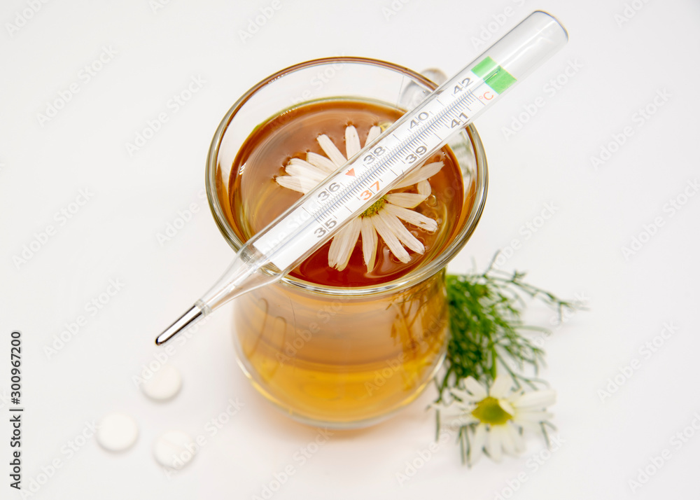 Transparent Cup with Herbal Tea and Thermometer Stock Image - Image of  drug, care: 163329563