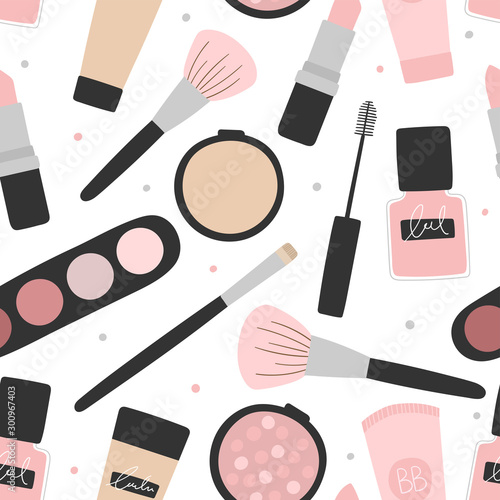 Hand drawn cosmetic seamless pattern for print, textile, fabric. Modern decorative cosmetics illustrations background.