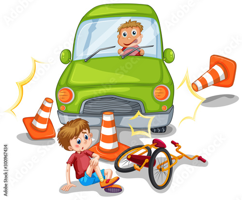 Accident scene with car crashing a bike