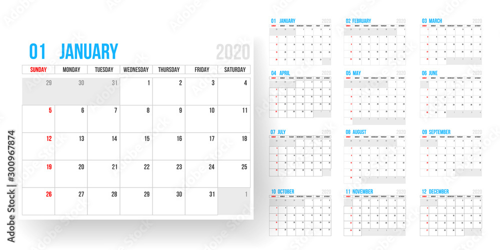 2020 calendar. calendar template on white background. Editable vector file available. English and sunday to monday version.Set of 12 Months. vector 2020 calendar. calendar template on white background. Editable vector file available. English and sunday to monday version.Set of 12 Months. vector