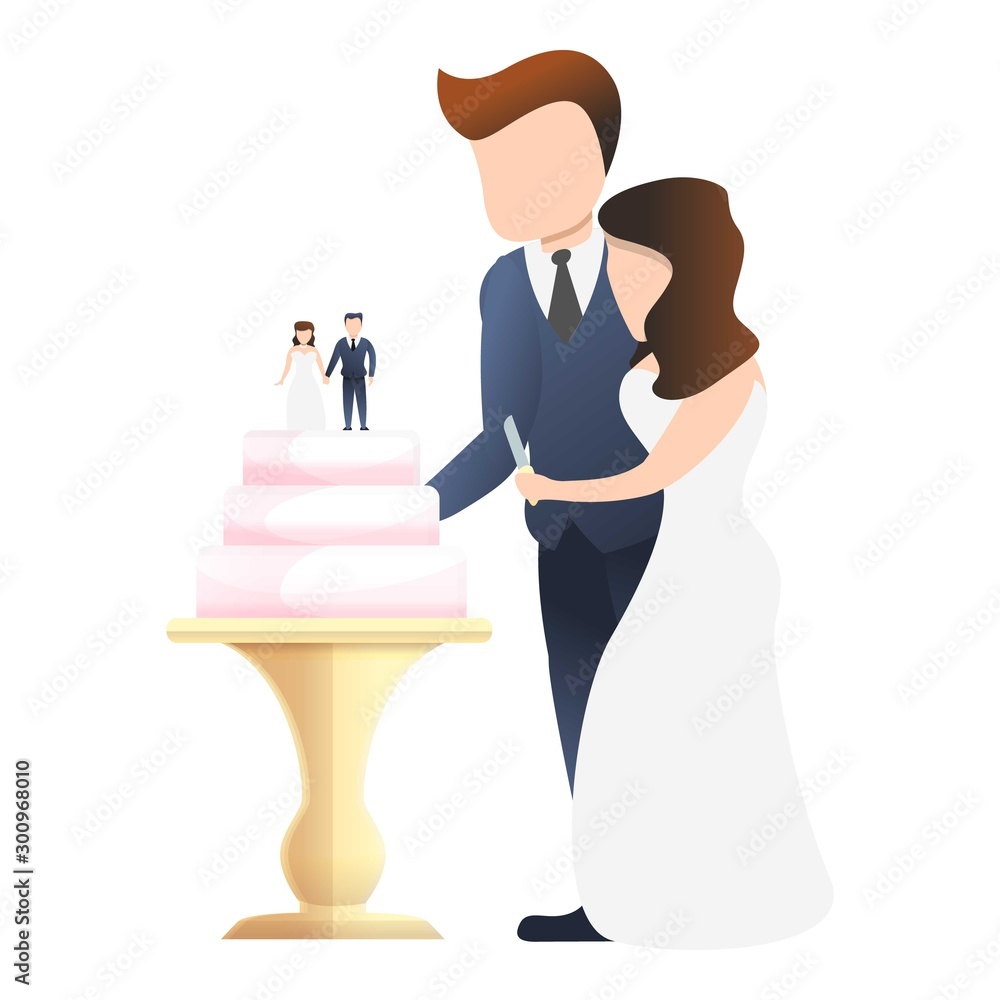 Couple cut wedding cake icon. Cartoon of couple cut wedding cake vector icon for web design isolated on white background