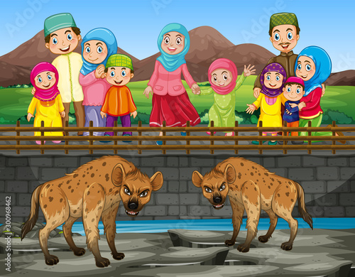 Scene with hyena and people at the zoo