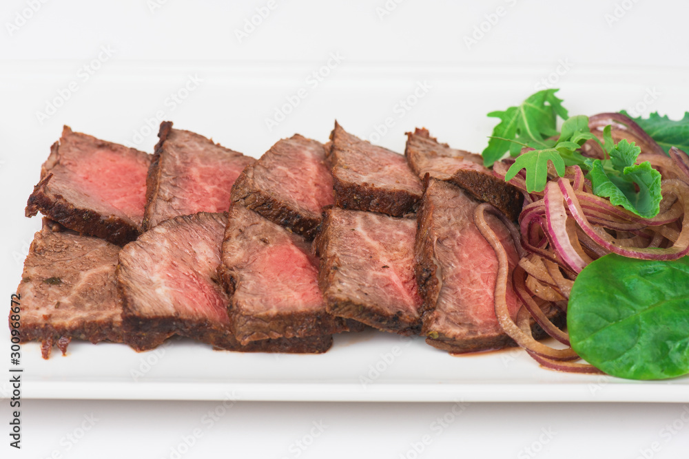 Plate with meat cutting and fresh greens on white plate Plate with meat cutting and fresh greens on white plate