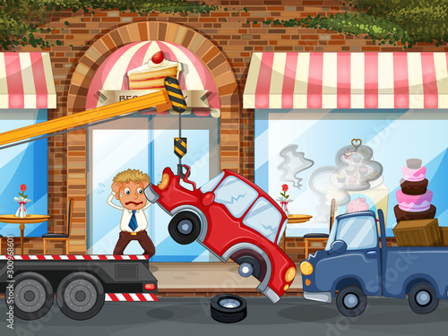 Accident scene with car crash in front of shop
