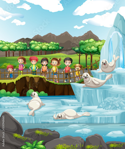 Scene with seals and many kids