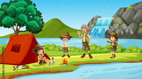 Scene with people camping by the river
