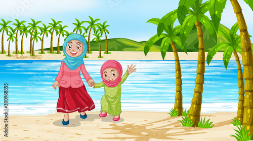 Scene with mother and daughter on the beach