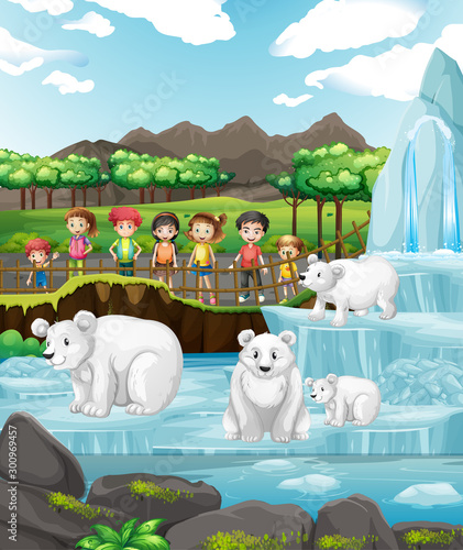 Scene with polar bears and children at the zoo