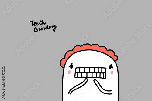 Teeth grinding hand drawn vector illustration in cartoon comic style man showing mouth