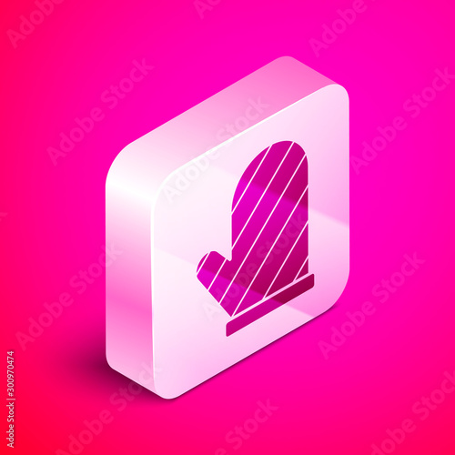 Isometric Oven glove icon isolated on pink background. Kitchen potholder sign. Cooking glove. Silver square button. Vector Illustration