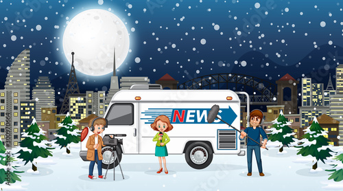 Scene with news reporters in the city