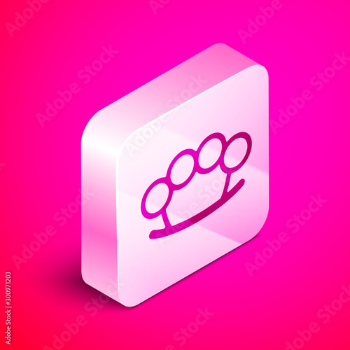Isometric Brass knuckles icon isolated on pink background. Silver square button. Vector Illustration