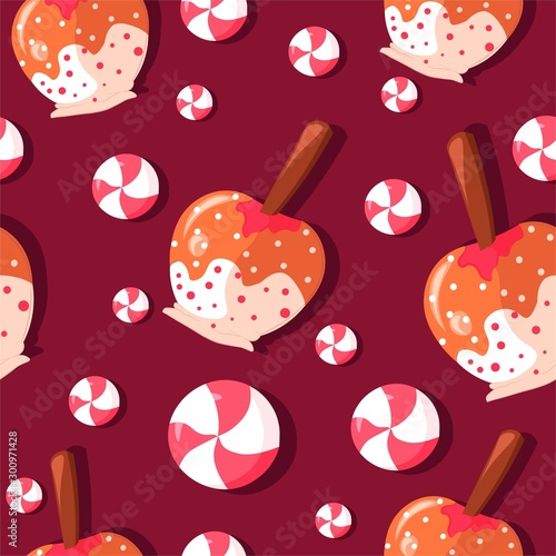 Caramelized apples on a stick with fudge, frosting and sprinkles seamless pattern. Lollipops and caramel cane illustration for december and winter holidays