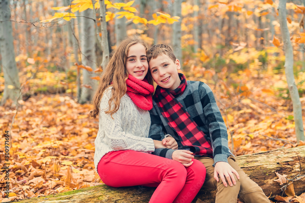 portrait of two child brother and sister in the autumn season outside portrait of two child brother and sister in the autumn season outside