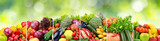 Healthy and fresh vegetables and fruits separated vertical stripes on green