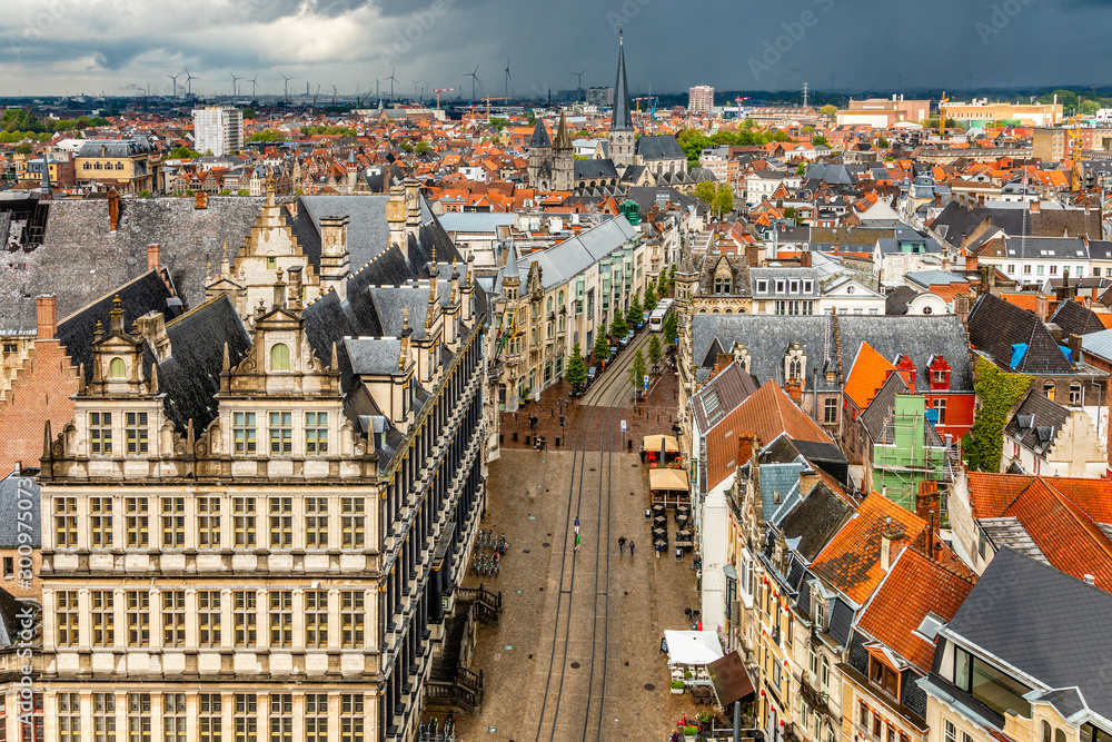 Fototapeta premium Ghent city historical center panorama view from Belfort Gent bell tower, Flemish Region, Belgium