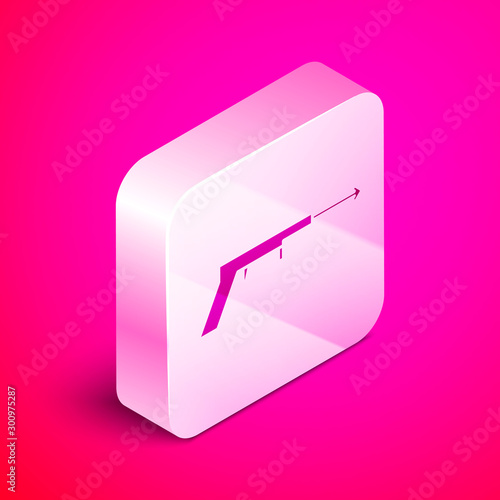Isometric Fishing harpoon icon isolated on pink background. Fishery manufacturers for catching fish under water. Diving underwater equipment. Silver square button. Vector Illustration