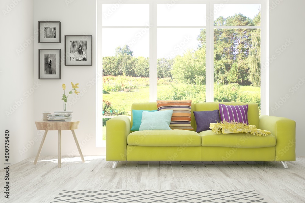 Fototapeta premium Stylish room in white color with sofa and summer landscape in window. Scandinavian interior design. 3D illustration