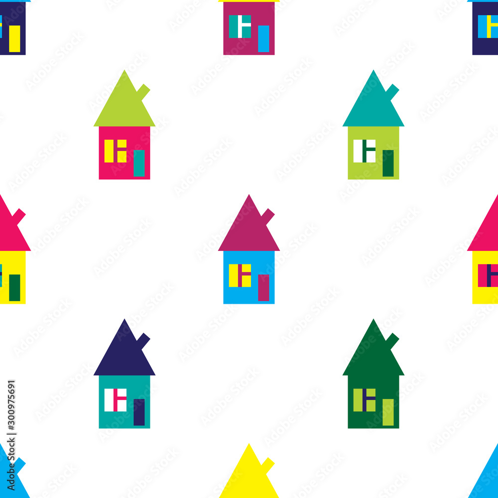 Fototapeta premium Bright seamless pattern with cute colored houses.