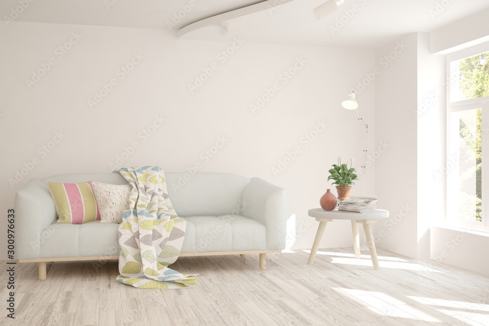 Stylish room in white color with sofa. Scandinavian interior design. 3D illustration Stylish room in white color with sofa. Scandinavian interior design. 3D illustration