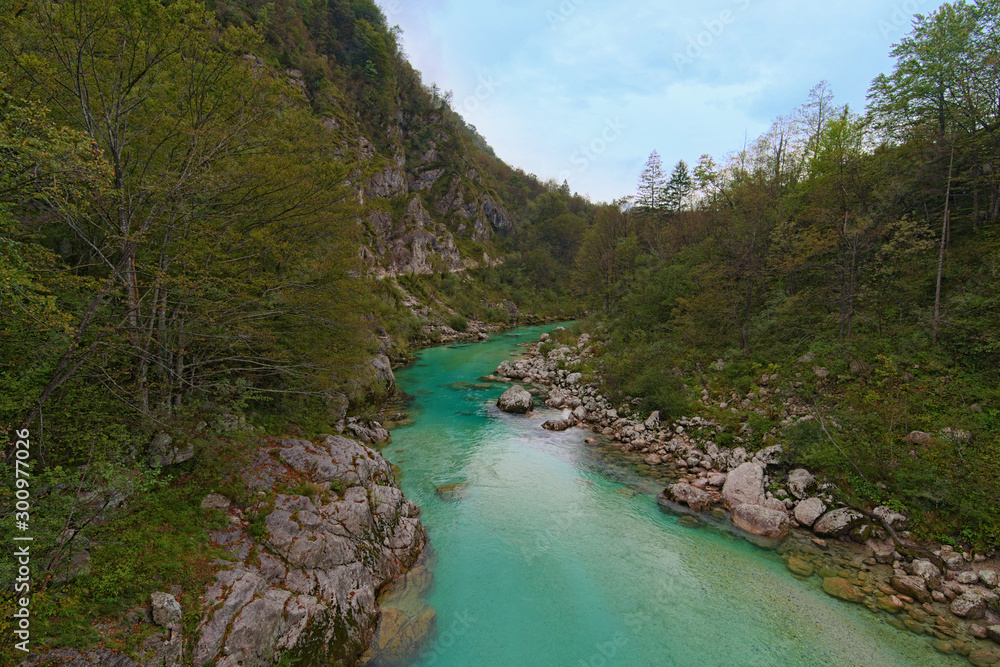 Fototapeta premium Picturesque landscape view of alpine Soca River. Emerald green water flows between mountains with dense forest. Concept of landscape and nature. National Park of Triglav, Slovenia