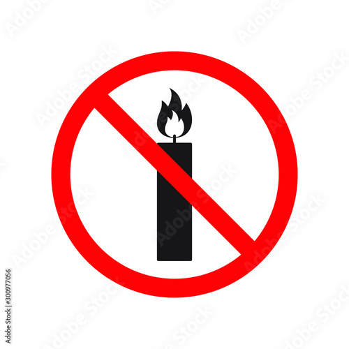 Vector flat black outline  burning candle crossed in red circle. Prohibition sign isolated on white background