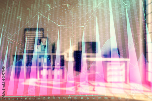 Forex chart hologram with minimalistic cabinet interior background. Double exposure. Stock market concept.