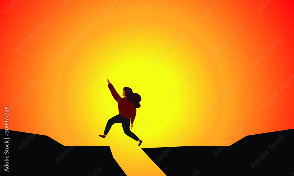 traveler or explorer jumping, her arms rose up, she is reaching her goal. Trendy flat illustration concept of discovery, exploration, hiking, adventure, tourism, travel, achievement, dreams, self-work