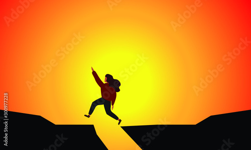 traveler or explorer jumping, her arms rose up, she is reaching her goal. Trendy flat illustration concept of discovery, exploration, hiking, adventure, tourism, travel, achievement, dreams, self-work