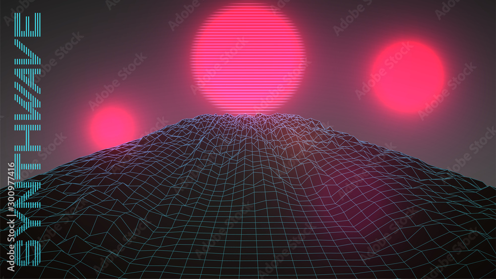 Synthwave party flyer template. Dark 80 style background. Virtual 3d ...