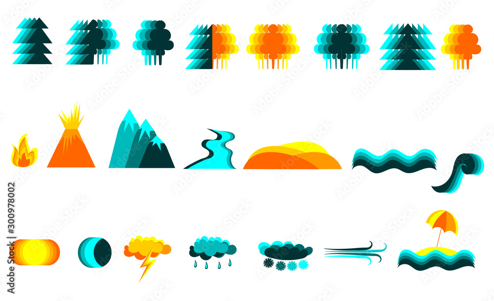 Fototapeta premium Icon set in blue and orange colors on a white background. Isolated. Nature, forest, sun, water, moon. Vector illustration.
