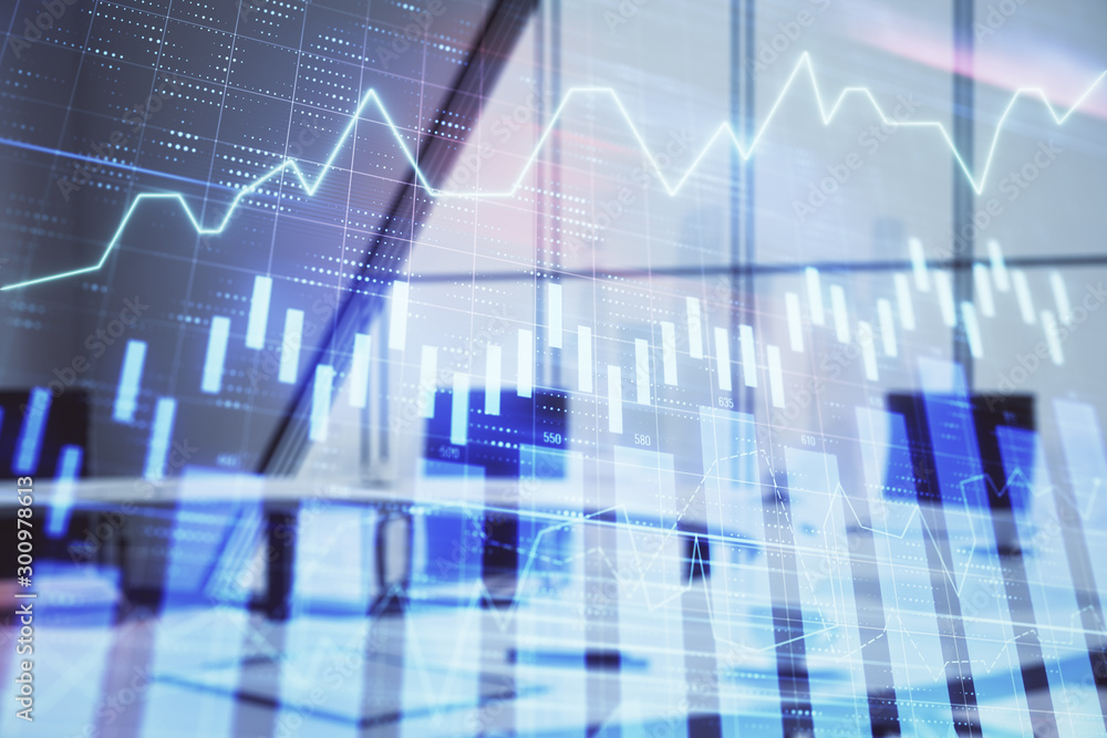 Double exposure of forex chart on conference room background. Concept of stock market analysis Double exposure of forex chart on conference room background. Concept of stock market analysis