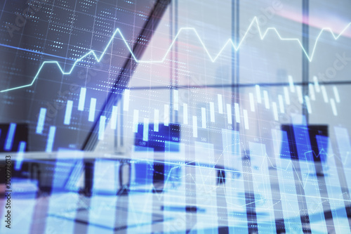 Double exposure of forex chart on conference room background. Concept of stock market analysis