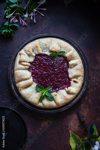 Homemade open cake made of red currant shortcrust pastry, gallette