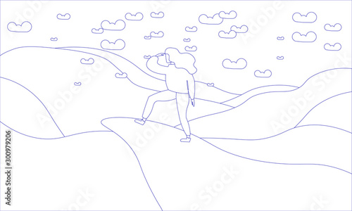 Blue contour white color woman traveler or explorer jumping on a rock, top of a mountain or cliff to achieve her goal, motivation concept color illustration