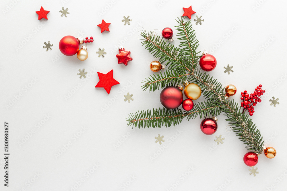 Christmas composition. Fir pine star bauble star top view background with copy space for your text. Flat lay. Christmas composition. Fir pine star bauble star top view background with copy space for your text. Flat lay.